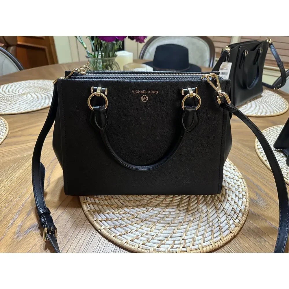 Michael Kors Selma Saffiano Leather Top Zip Satchel Purse Black NWOT
